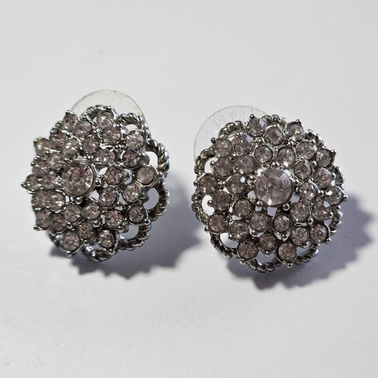Roman Silver Tone Clear Rhinestone Flower Earrings 15$